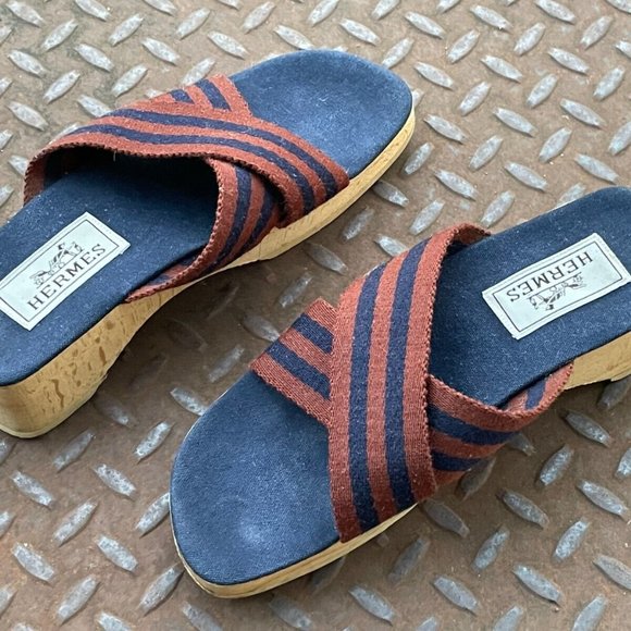 Hermes Women Sandals Canvas Navy Tan Ribbon Strap Wooden Heel Shoes Size 36/5